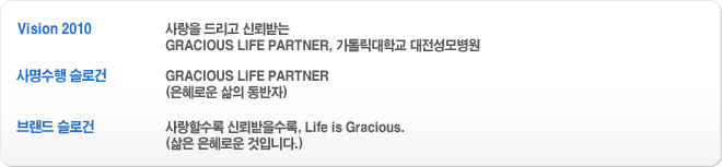 Vision 2010 : 사랑을 드리고 신뢰받는 GRACIOUS LIFE PARTNER, 가톨릭대학교 대전성모병원, 사명수행 슬로건  GRACIOUS LIFE PARTNER
                (은혜로운 삶의 동반자), 브랜드 슬로건 사랑할수록 신뢰받을수록, Life is Gracious.(삶은 은혜로운 것입니다.)