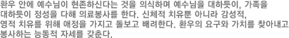 환자 안에 예수님이 현존하신다는 것을 의식하며 예수님을 대하듯이, 가족을 대하듯이 정성을 다해 의료봉사를 한다. 신체적 치유뿐 아니라 감성적, 영적 치유를 위해 애정을 가지고 돌보고 배려한다. 환우의 요구와 가치를 찾아내고 봉사하는 능동적 자세를 갖춘다.