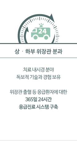 상하부위장관분과: 치료 내시경 분야 독보적 기술과 경험 보유  위장관 출혈 등 응급환자에 대한 365일 24시간 응급진료 시스템 구축